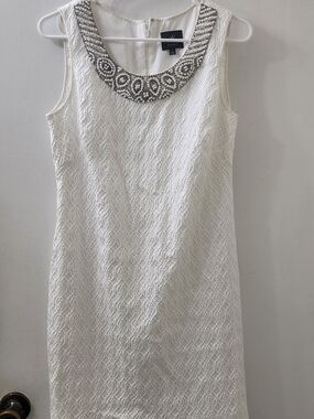 Adrianna Papell White Dress with Silver Beaded Collar, Size 8P